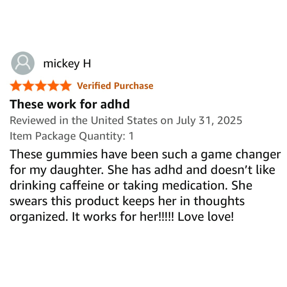Product review for ADHD gummies with a five-star rating, verified purchase, and detailed text on effectiveness.