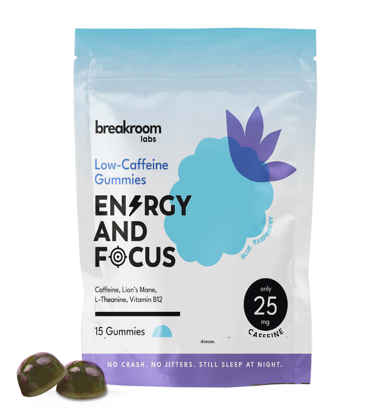 Packaging of breakroom labs Low-Caffeine Gummies for energy and focus on a white background.
