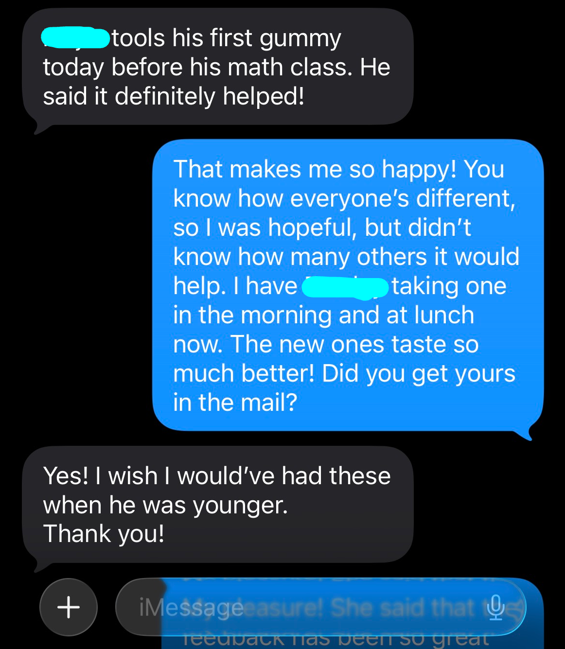 Text between two mom talking about the impact the positive impact of Breakroom Labs gummies on their kids