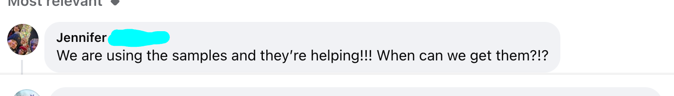 FB post commenting that the free samples are helping