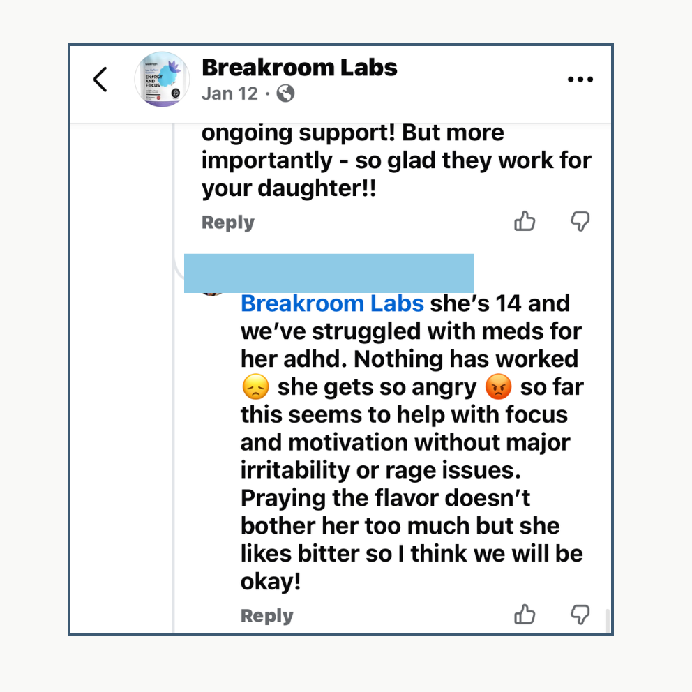 Facebook post from Breakroom Labs discussing ongoing support for a child with ADHD.