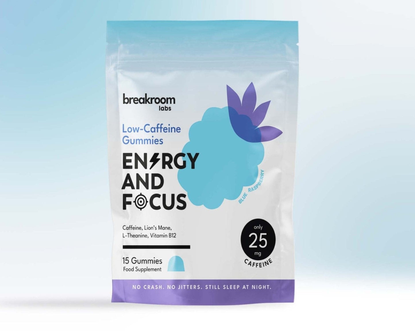 Front of package of breakroom labs low caffeine gummies for energy and focus